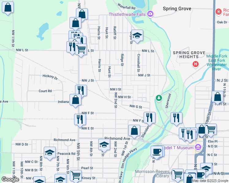 map of restaurants, bars, coffee shops, grocery stores, and more near 1005 Hunt Street in Richmond