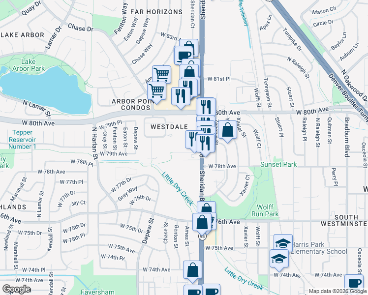 map of restaurants, bars, coffee shops, grocery stores, and more near 5345 West 79th Avenue in Arvada