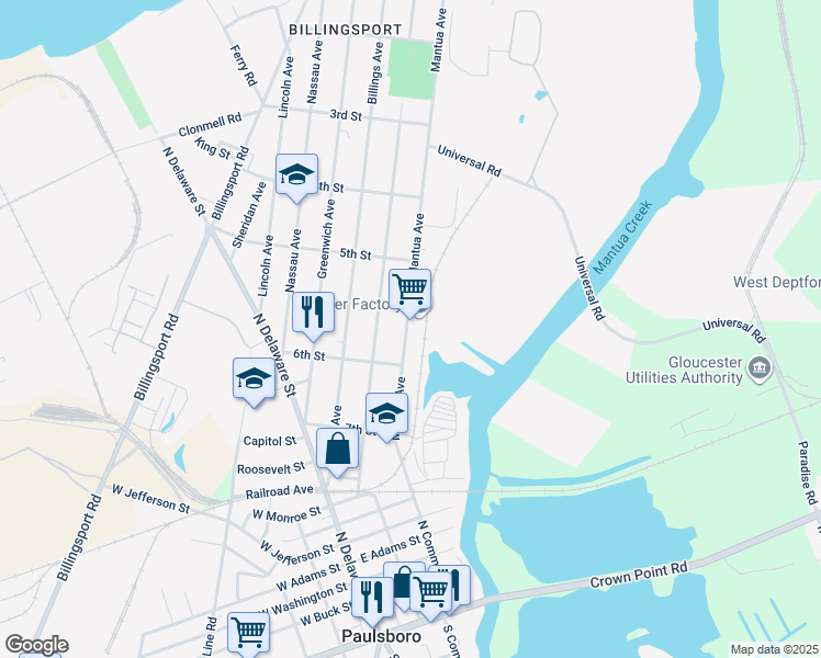 map of restaurants, bars, coffee shops, grocery stores, and more near 535 Mantua Avenue in Paulsboro
