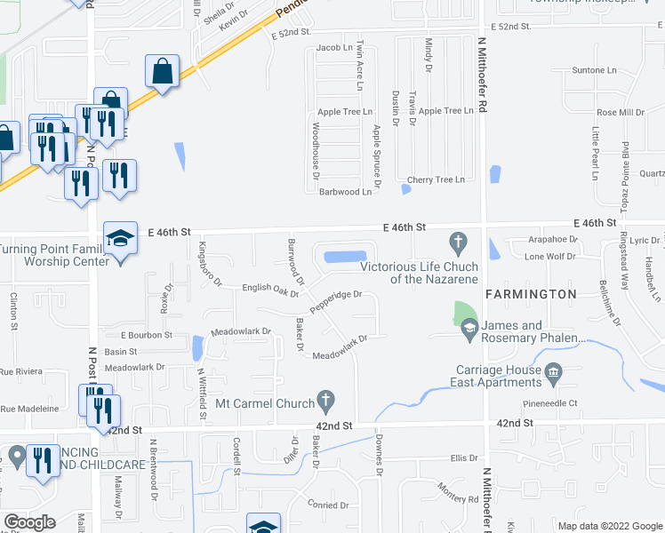 map of restaurants, bars, coffee shops, grocery stores, and more near 9612 English Oak Drive in Indianapolis