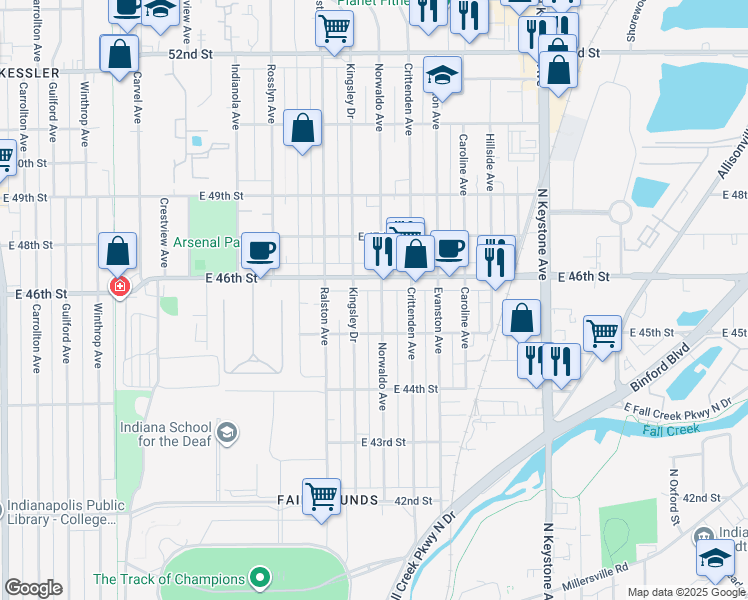 map of restaurants, bars, coffee shops, grocery stores, and more near 1819 East 46th Street in Indianapolis