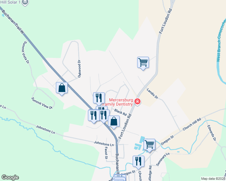 map of restaurants, bars, coffee shops, grocery stores, and more near 113 Findlay Drive in Mercersburg
