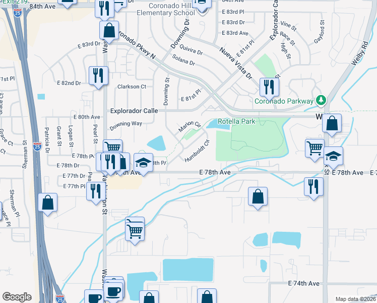 map of restaurants, bars, coffee shops, grocery stores, and more near 7905 Downing Street in Thornton