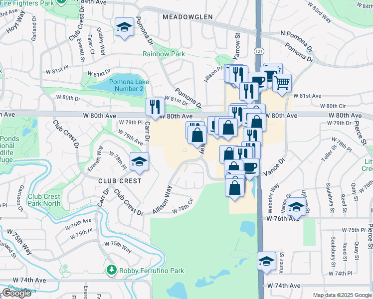 map of restaurants, bars, coffee shops, grocery stores, and more near 7897 Allison Way in Arvada