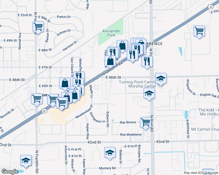 map of restaurants, bars, coffee shops, grocery stores, and more near 8659 East 46th Street in Indianapolis