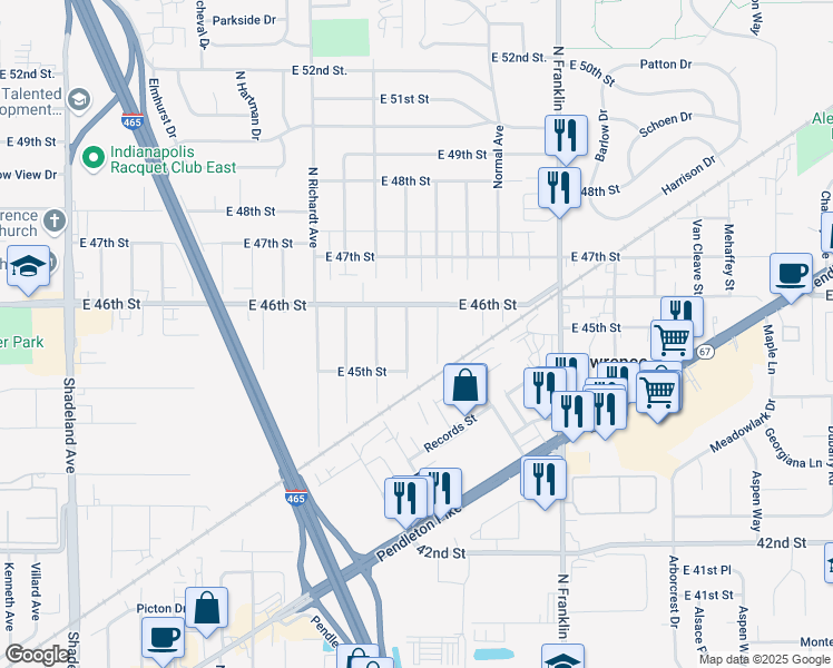 map of restaurants, bars, coffee shops, grocery stores, and more near 7807 East 46th Street in Indianapolis