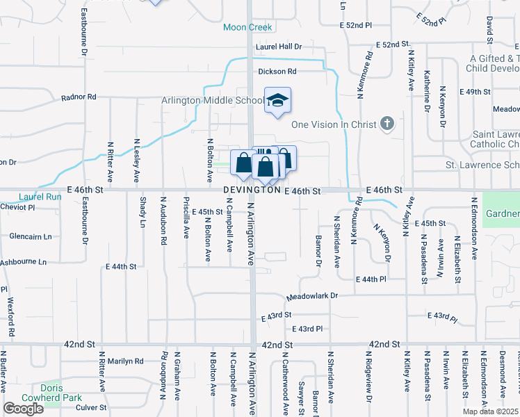 map of restaurants, bars, coffee shops, grocery stores, and more near 6025 East 46th Street in Indianapolis
