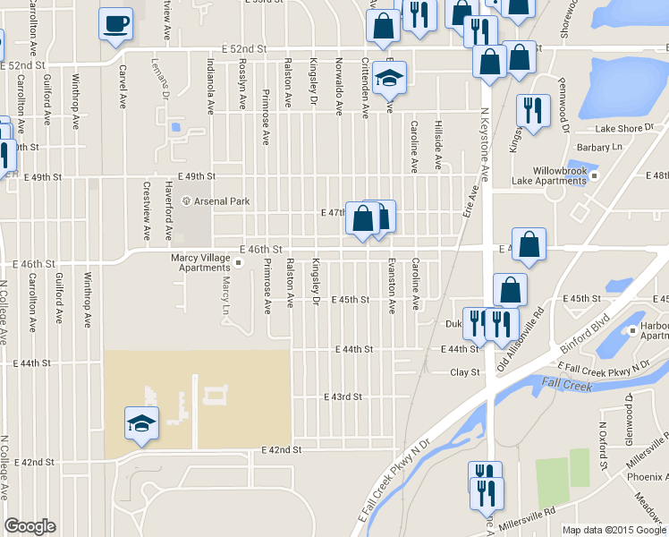 map of restaurants, bars, coffee shops, grocery stores, and more near 1819 East 46th Street in Indianapolis