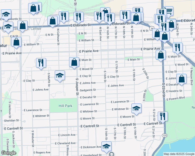 map of restaurants, bars, coffee shops, grocery stores, and more near 1400-1546 E Clay St in Decatur