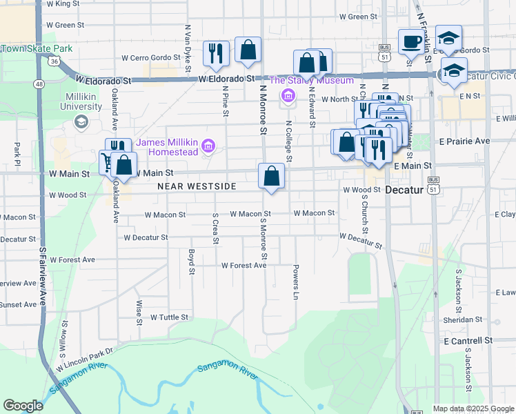 map of restaurants, bars, coffee shops, grocery stores, and more near 200-298 South Monroe Street in Decatur
