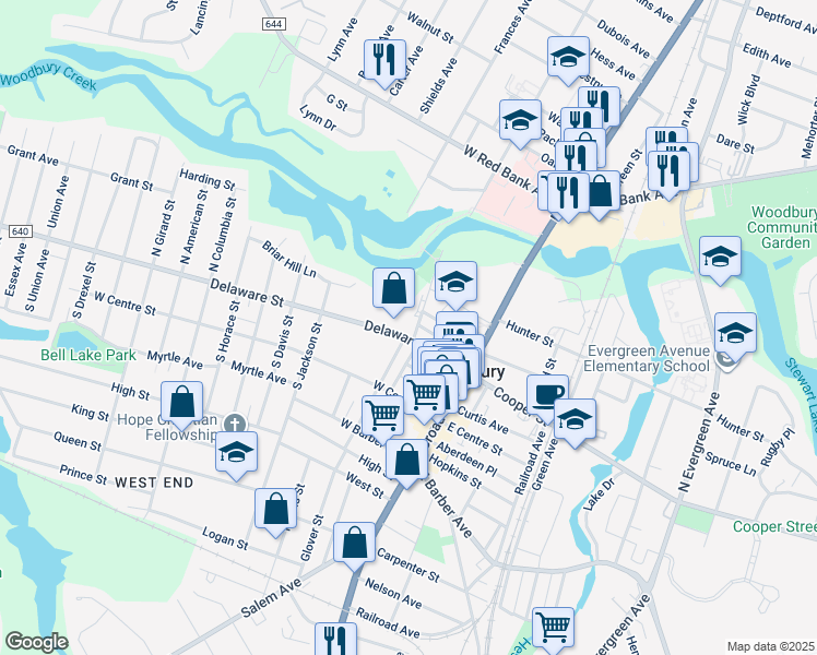 map of restaurants, bars, coffee shops, grocery stores, and more near 132 Delaware Street in Woodbury