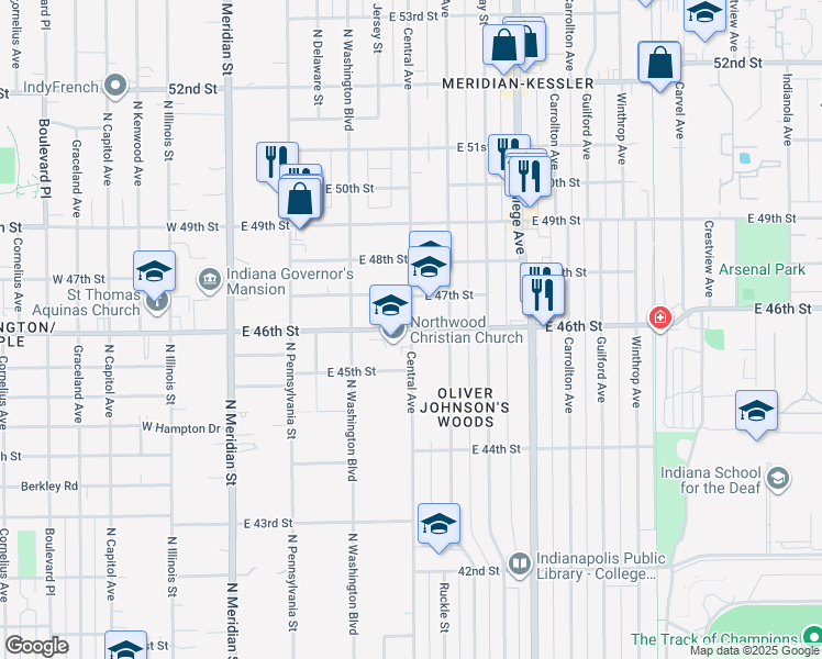 map of restaurants, bars, coffee shops, grocery stores, and more near E 46th St & Central Ave in Indianapolis