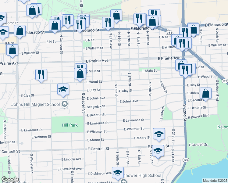 map of restaurants, bars, coffee shops, grocery stores, and more near 1515 East Clay Street in Decatur