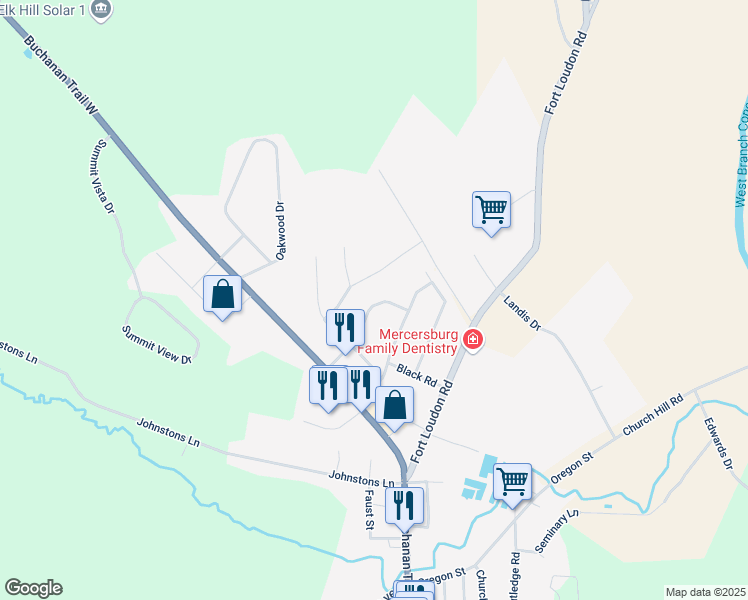 map of restaurants, bars, coffee shops, grocery stores, and more near 121 Findlay Drive in Mercersburg