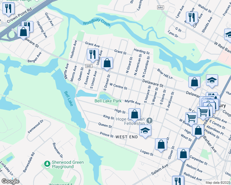 map of restaurants, bars, coffee shops, grocery stores, and more near 509 West Centre Street in Woodbury