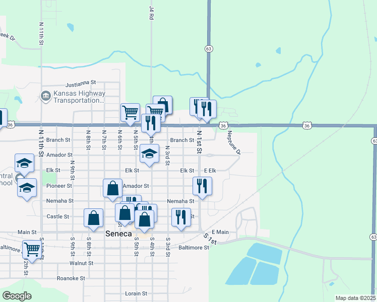 map of restaurants, bars, coffee shops, grocery stores, and more near 551-599 North 2nd Street in Seneca