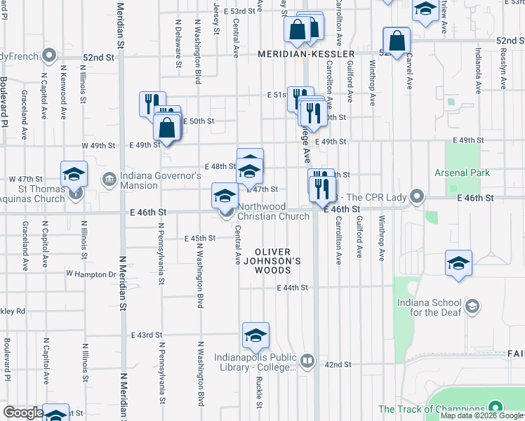 map of restaurants, bars, coffee shops, grocery stores, and more near 4601 North Park Avenue in Indianapolis