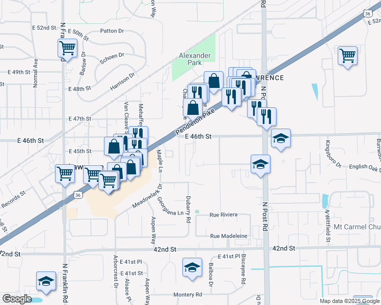 map of restaurants, bars, coffee shops, grocery stores, and more near 8633 East 46th Street in Indianapolis