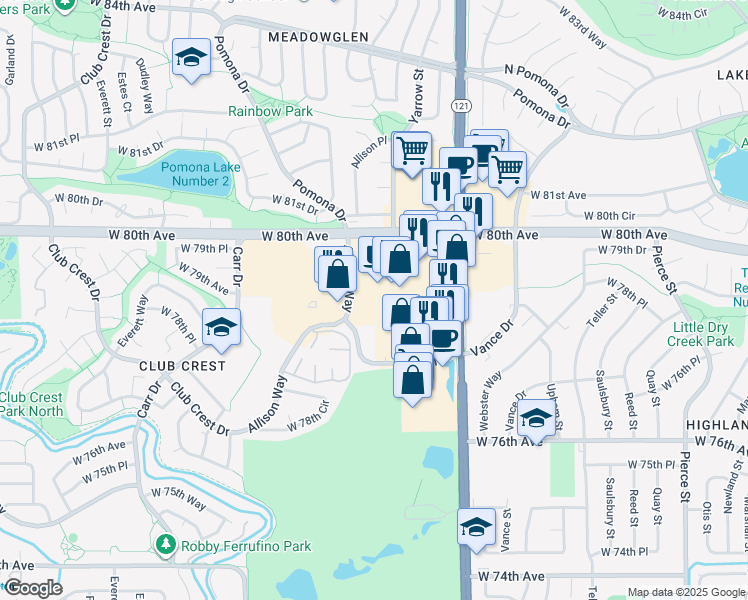 map of restaurants, bars, coffee shops, grocery stores, and more near 7899 Wadsworth Boulevard in Arvada