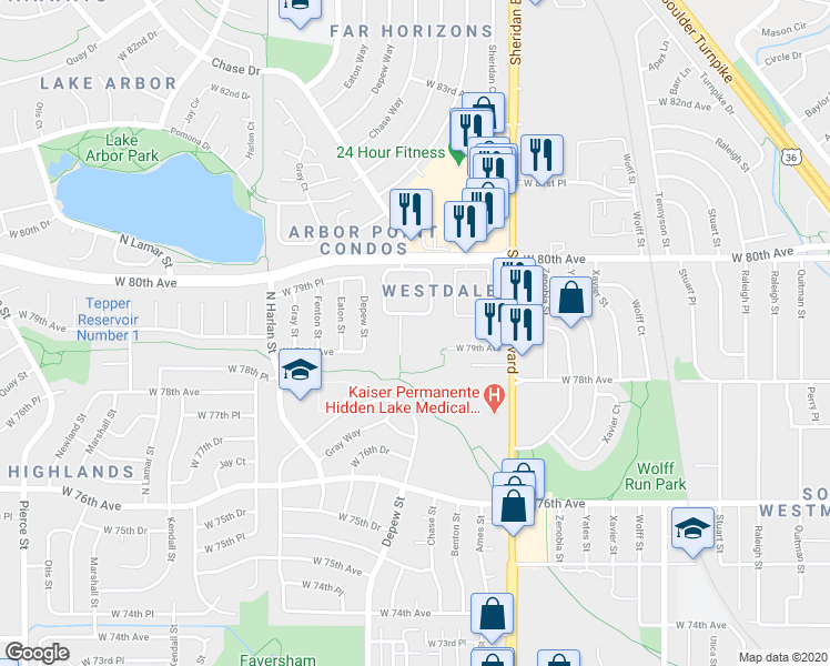 map of restaurants, bars, coffee shops, grocery stores, and more near 7946 Chase Circle in Arvada