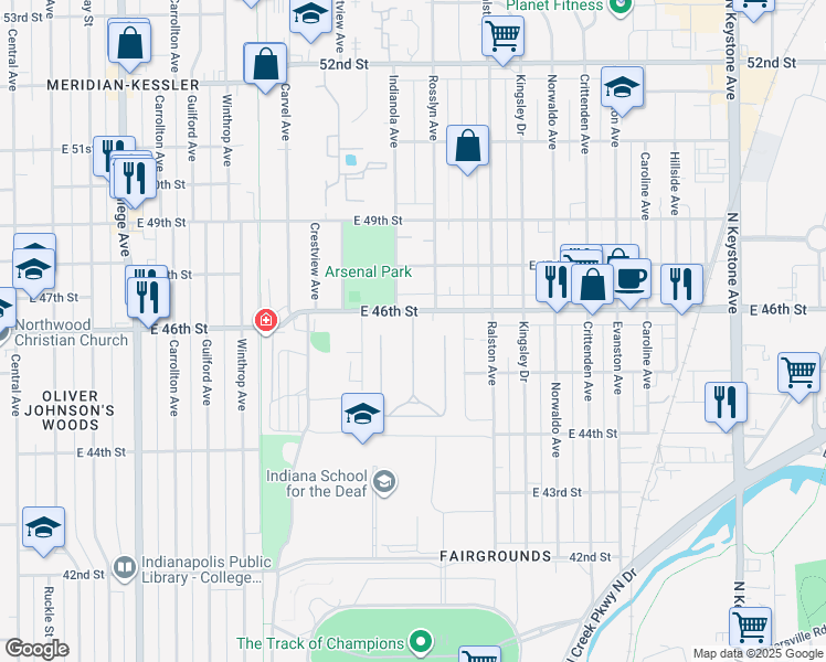 map of restaurants, bars, coffee shops, grocery stores, and more near 22 Marcy Lane in Indianapolis