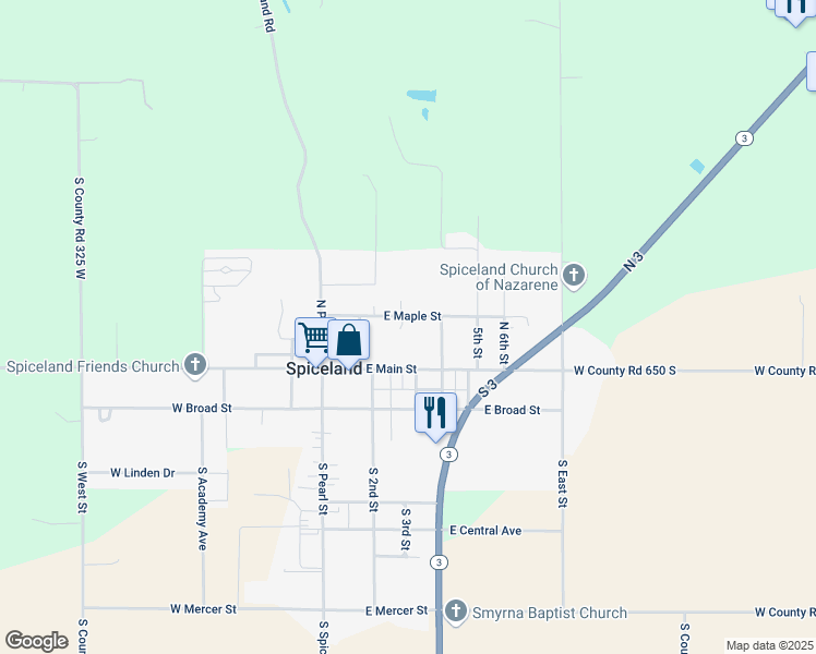 map of restaurants, bars, coffee shops, grocery stores, and more near 308 E Maple St in Spiceland
