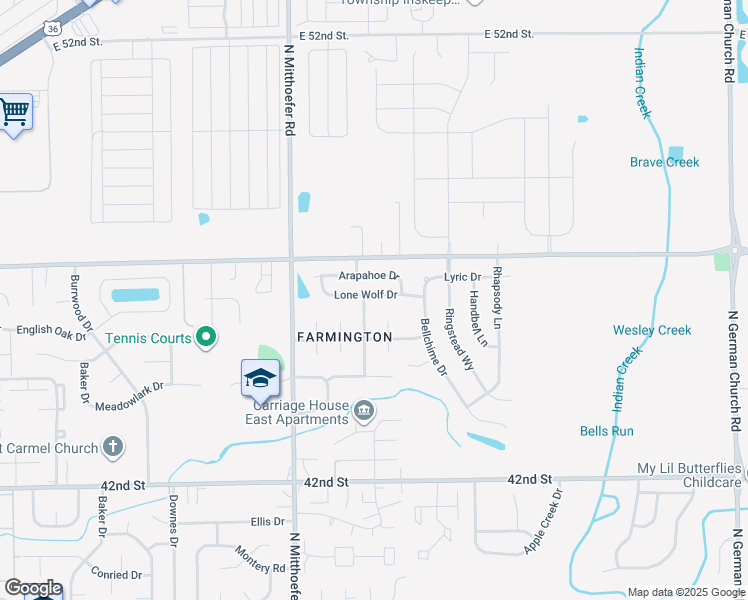 map of restaurants, bars, coffee shops, grocery stores, and more near 10155 Lone Wolf Drive in Indianapolis