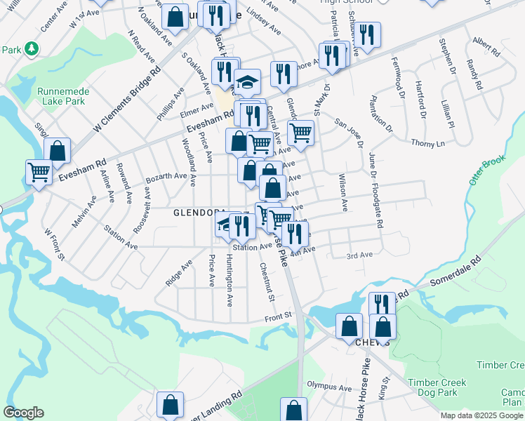 map of restaurants, bars, coffee shops, grocery stores, and more near 712 North Black Horse Pike in Camden County