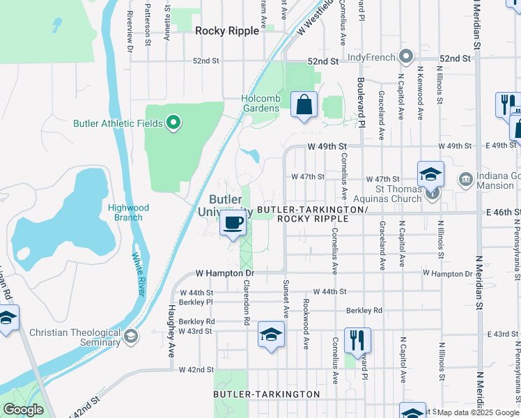 map of restaurants, bars, coffee shops, grocery stores, and more near 630 Butler Way in Indianapolis