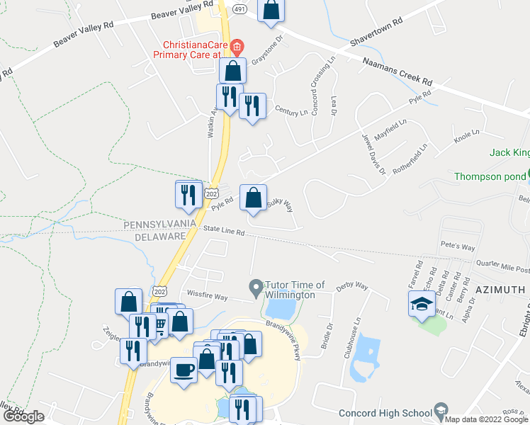 map of restaurants, bars, coffee shops, grocery stores, and more near 214 Sulky Way in Chadds Ford