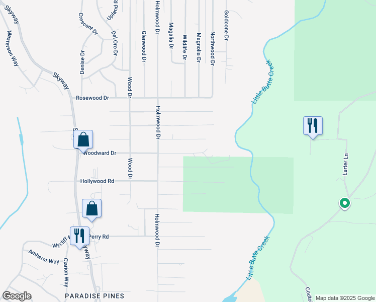 map of restaurants, bars, coffee shops, grocery stores, and more near 6603 Woodward Drive in Magalia