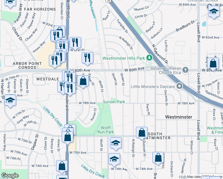 map of restaurants, bars, coffee shops, grocery stores, and more near 4321 West 78th Avenue in Westminster