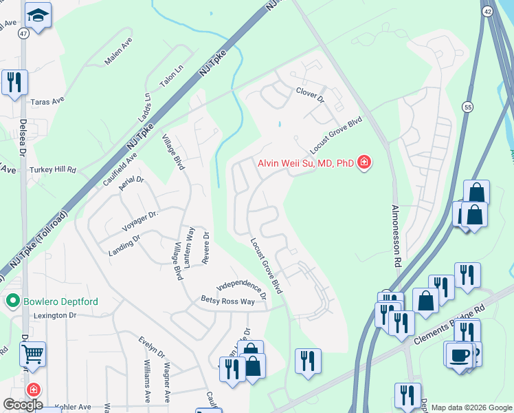 map of restaurants, bars, coffee shops, grocery stores, and more near 157 Rittenhouse Drive in Deptford