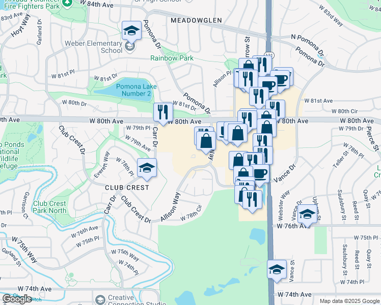 map of restaurants, bars, coffee shops, grocery stores, and more near 7897 Allison Way in Arvada