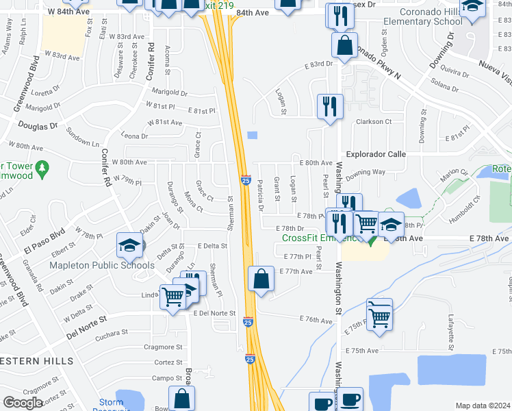 map of restaurants, bars, coffee shops, grocery stores, and more near 7879 Patricia Drive in Denver
