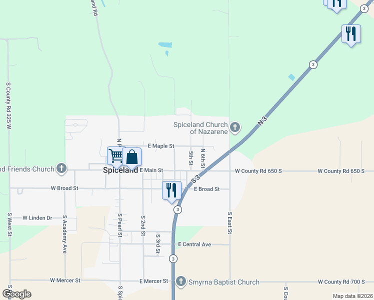 map of restaurants, bars, coffee shops, grocery stores, and more near 504-598 E Maple St in Spiceland