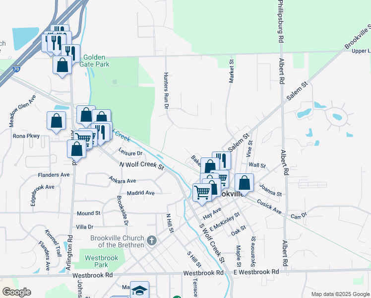 map of restaurants, bars, coffee shops, grocery stores, and more near 500 Baker Street in Brookville