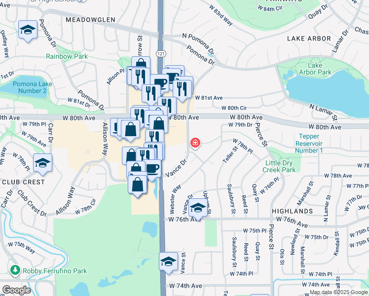 map of restaurants, bars, coffee shops, grocery stores, and more near 7985 Vance Drive in Arvada