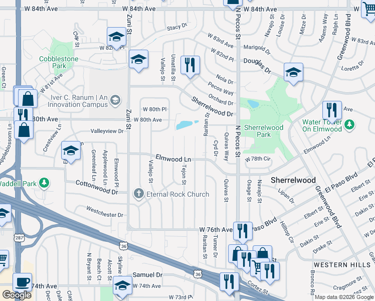 map of restaurants, bars, coffee shops, grocery stores, and more near 7918 Tejon Street in Denver