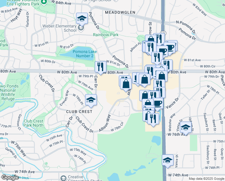 map of restaurants, bars, coffee shops, grocery stores, and more near 7897 Allison Way in Arvada