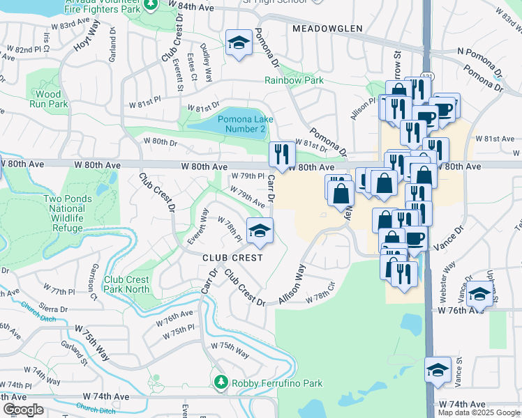 map of restaurants, bars, coffee shops, grocery stores, and more near 8425 West 79th Avenue in Arvada
