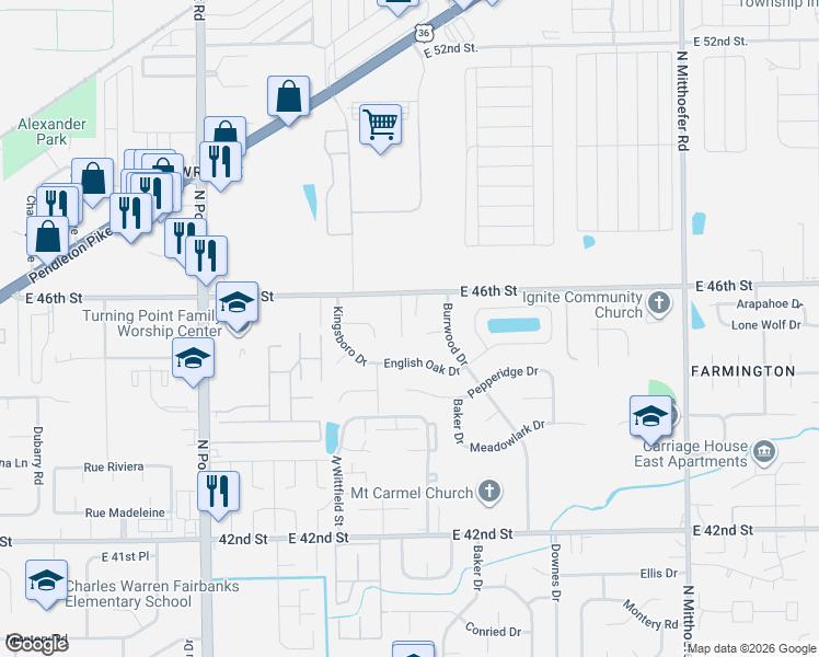 map of restaurants, bars, coffee shops, grocery stores, and more near 4548 Peachwood Court in Indianapolis