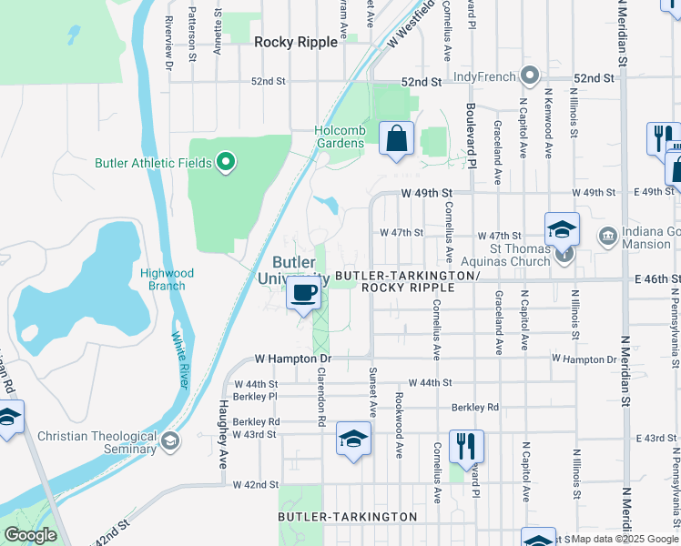 map of restaurants, bars, coffee shops, grocery stores, and more near 624-674 Butler Way in Indianapolis