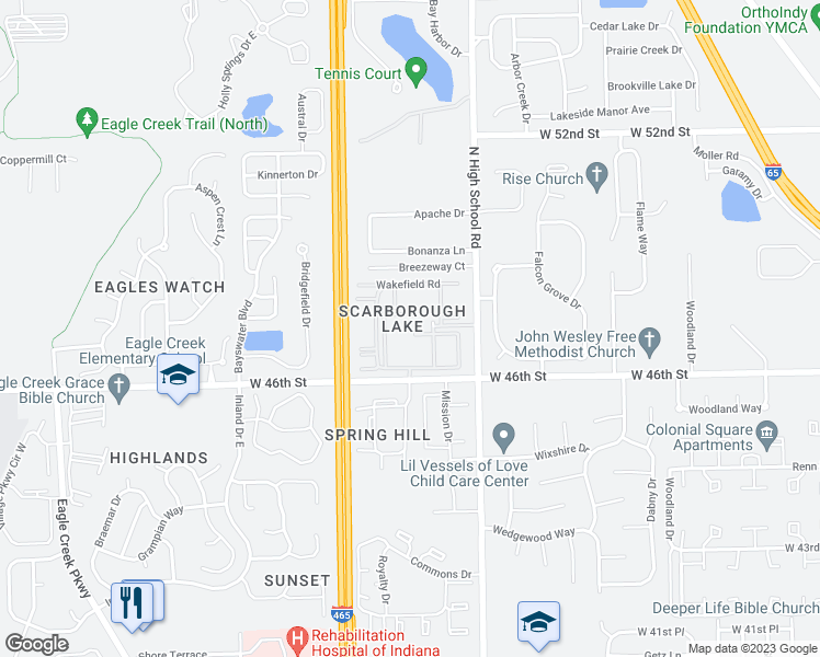 map of restaurants, bars, coffee shops, grocery stores, and more near 4655 Lynnfield Road in Indianapolis