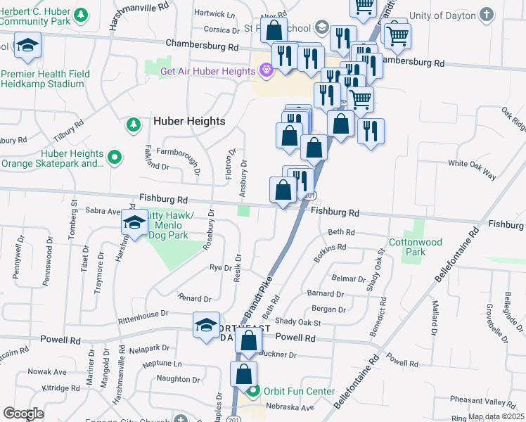 map of restaurants, bars, coffee shops, grocery stores, and more near 5370 Fishburg Road in Huber Heights