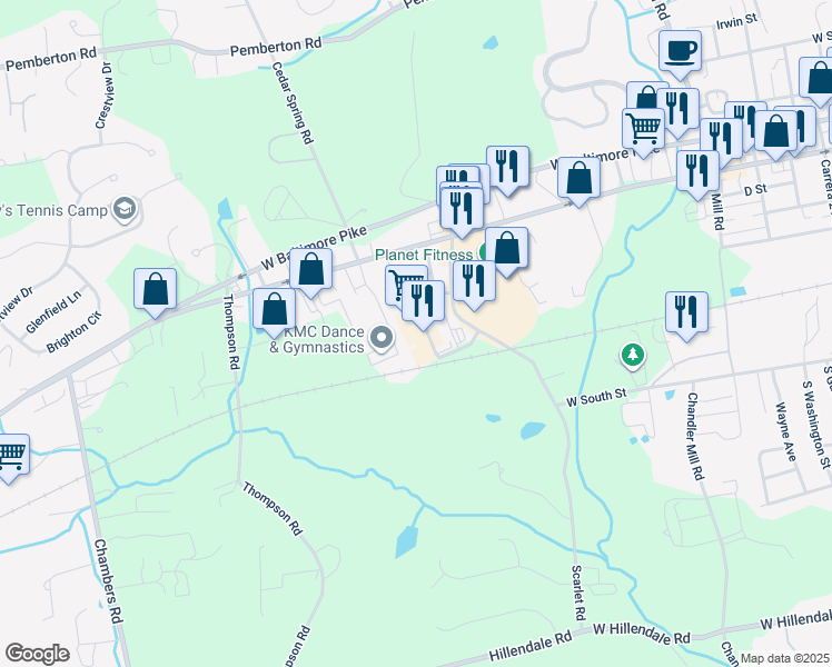 map of restaurants, bars, coffee shops, grocery stores, and more near 350 Scarlet Road in Kennett Square