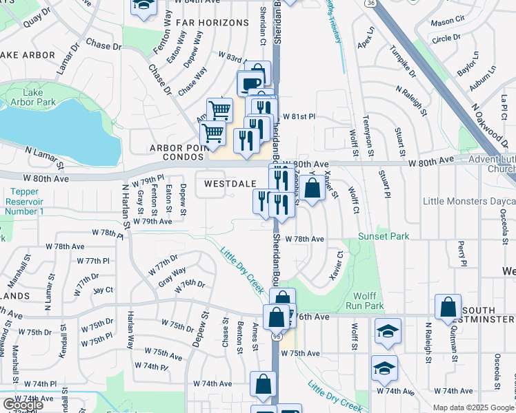 map of restaurants, bars, coffee shops, grocery stores, and more near 5325 West 79th Avenue in Westminster