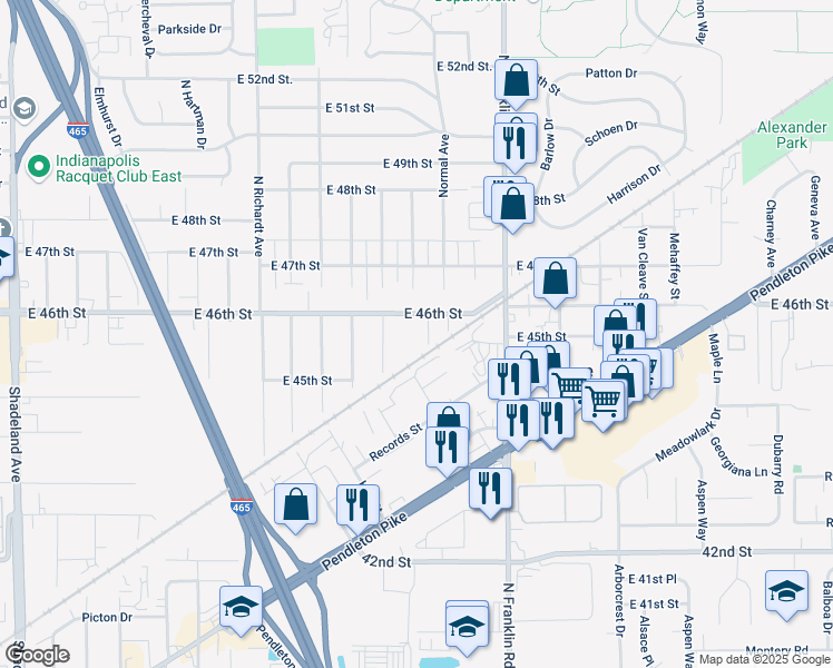 map of restaurants, bars, coffee shops, grocery stores, and more near 7831 East 46th Street in Indianapolis
