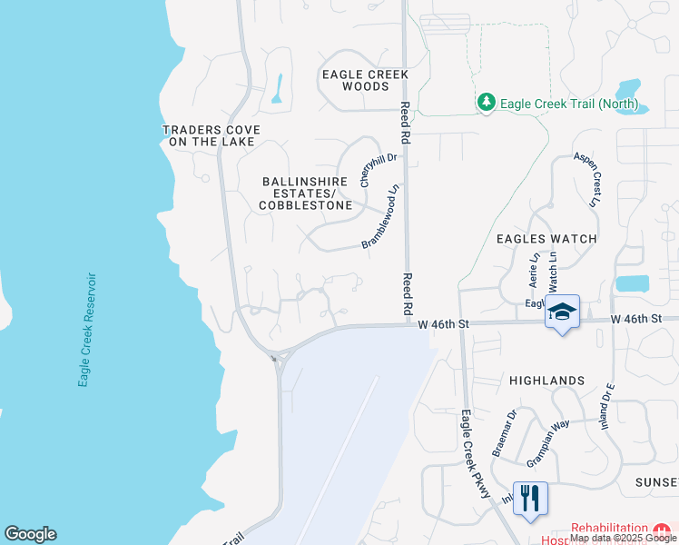 map of restaurants, bars, coffee shops, grocery stores, and more near 4753 Charrington Circle in Indianapolis