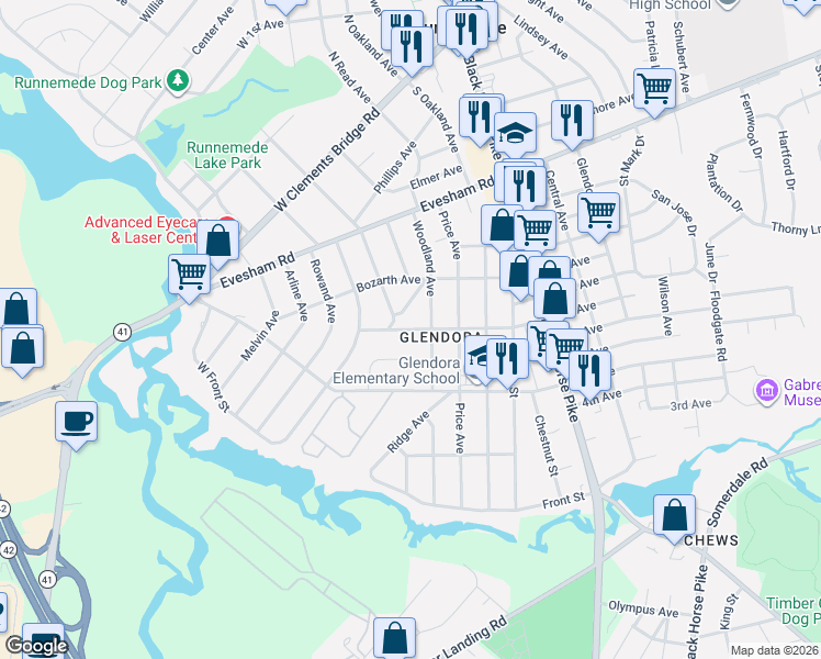 map of restaurants, bars, coffee shops, grocery stores, and more near 417 Austin Avenue in Gloucester Township